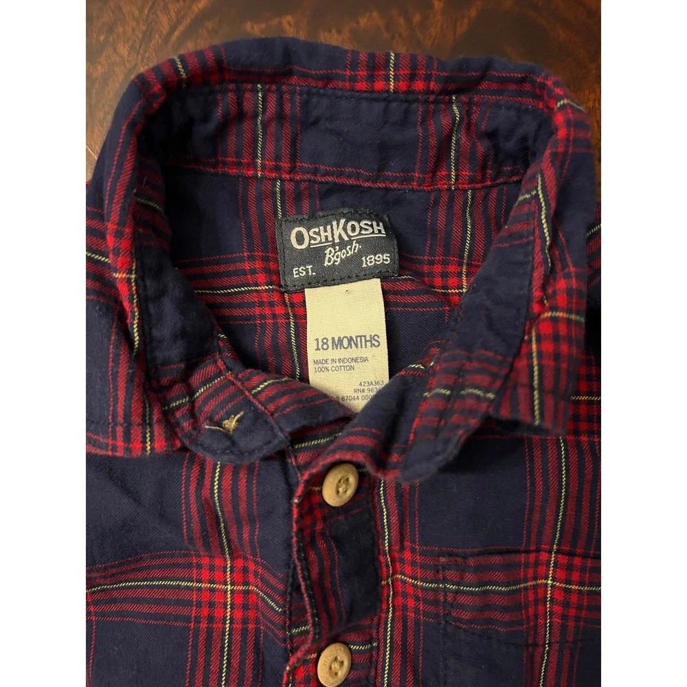 OshKosh Bgosh Baby Boys Navy Red Plaid Flannel Long Sleeve Bodysuit 18 Months